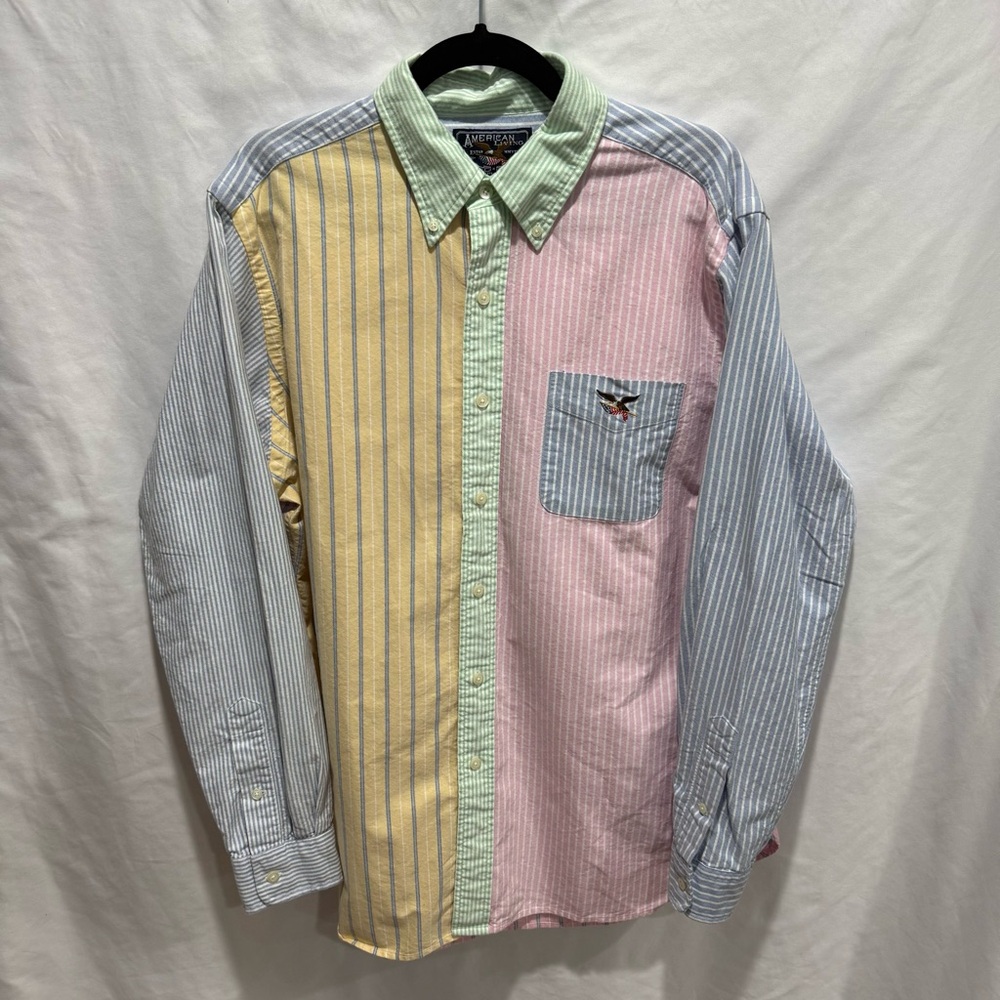 American Living Striped‎ Large Button Down Shirt Preppy Color Block Patchwork